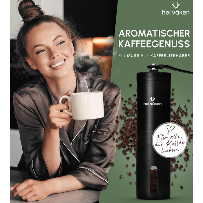 Ручна кавомолка HEI Vken з конічною кавомолкою - Регульований помел - Ручна кавомолка з нержавіючої сталі для дому та в дорозі