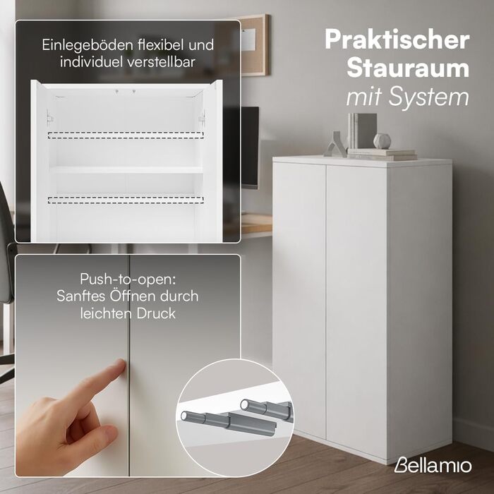 Багатофункціональна шафа Bellamio Ais, ширина 60 см вузька шафа для документів побутова шафа з 3 відділеннями білого кольору універсальна шафа 110 60 33 см настінна шафа з дверцятами, що відкриваються натисканням шафа для взуття, біла, 3 відділення