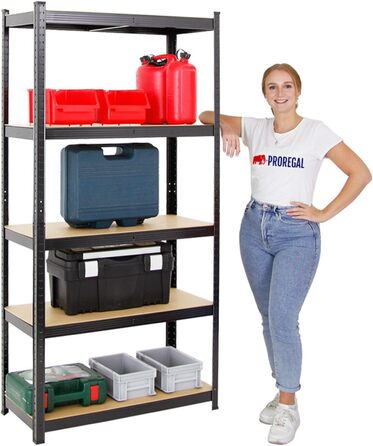 Міцний стелаж Ragnar 180x90x40 см з вантажопідйомністю 175 кг Чорний Гаражні стелажі Підвальні стелажі Майстерні Стелажі для зберігання Безболтовий стелаж 4-елементний - 180x90x40 см Чорний МДФ панелі, 4 шт.