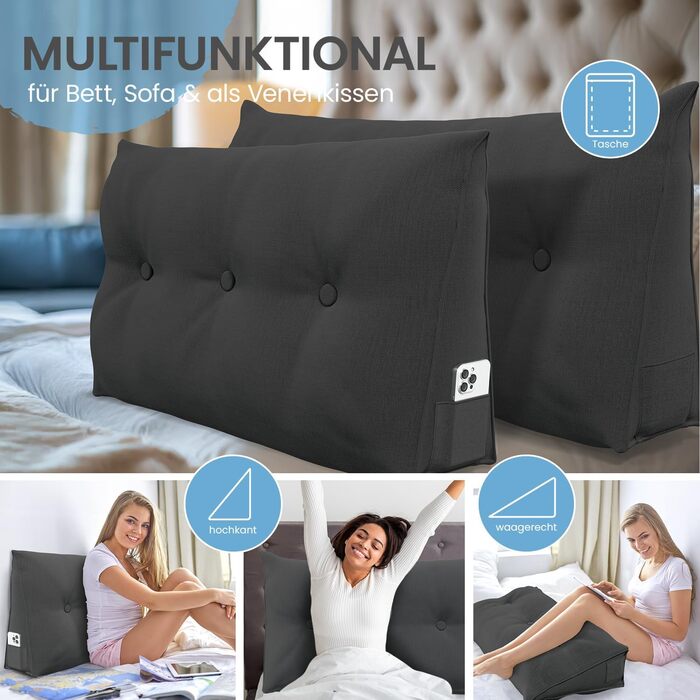 Подушка для спинки ELONEO шириною 100 см, клиноподібна подушка, підходить для ліжка та дивана, трикутна подушка для читання, подушка зі знімним чохлом, який можна прати, з практичною бічною кишенею, антрацит, 100 см