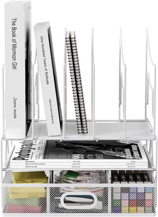 Металевий офісний органайзер EasyPAG A4 з 6 відділеннями, тримач для документів, лоток для файлів, тримач для журналів, лоток для листів, органайзер для паперових журналів з шухлядою для канцелярського приладдя, білий