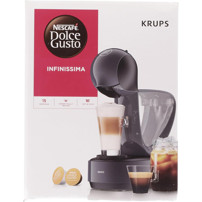 Кавова капсульна машина Krups KP173B Nescaf Dolce Gusto InfinissimaГарячі та холодні напоїТиск насоса 15 барРучне дозування водиРезервуар для води 1,2 лАвтоматичне вимкнення1500 Вт 30,5x18x40 см, космічний сірий космічний сингл