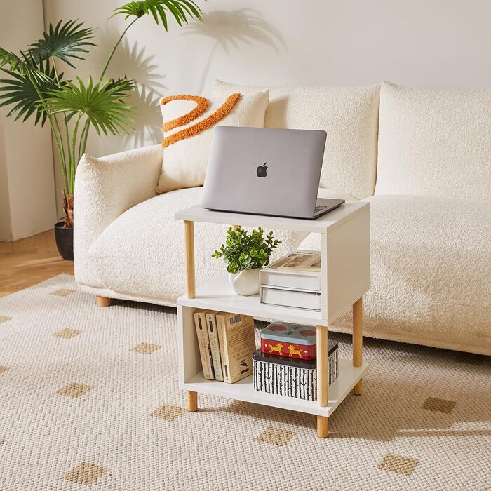 Білий журнальний столик, тумбочка, журнальний столик, журнальний столик з 2 відкритими відділеннями для спальні, вітальні, білий ніжки кольору дерева, YD-TM152W Дерев&39яні ніжки білі