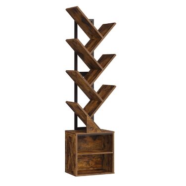 Книжкова полиця у формі дерева, 9-ярусна окремостояча полиця, стійка для CD/DVD, дерев&39яний каркас з металевим каркасом, кутова полиця, що економить місце, окремостояча книжкова вежа для вітальні, спальні, офісу, бібліотеки, вінтажний коричневий колір