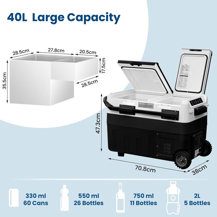 Компресор холодильної камери електричний, 40 л, двозонний, з керуванням через додаток USB, морозильна камера 12 В/24 В, міні-холод