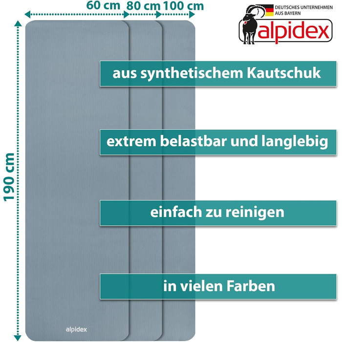Килимок для йоги ALPIDEX Дуже товстий гімнастичний килимок 1,5 см 3 розміри Нековзний фітнес-килимок без фталатів Перенесення ременя Гімнастика Пілатес Спорт Фізіо HiiT Тренувальний килимок для йоги Килимок для сну (крижано-блакитний, 190 х 80 х 1,5 см)