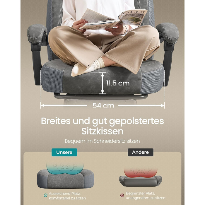 Ігрове крісло SONGMICS, офісне крісло, комп&39ютерне крісло, ергономічний дизайн, з підставкою для ніг, регульований підголівник, поперекова підтримка, вантажопідйомність 150 кг, сірий сланцевий колір OBG077G01, штучна замша сланцево-сірого кольору