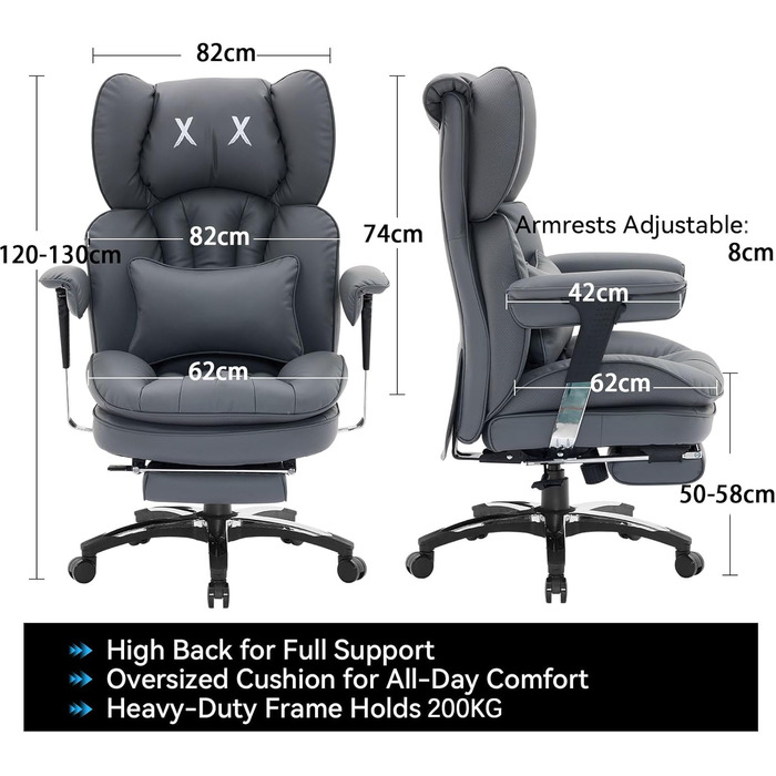 Офісне крісло Efomao, велике та високе крісло зі штучної шкіри X-Embroidery для дому, регульоване ігрове крісло з високою спинкою, поворотне крісло керівника 200 кг з підставкою для ніг та поперековою опорою, сірий 3070eu-grey