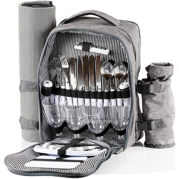 Рюкзак для пікніка CampFeuer для 4 осіб Сірий Набір для пікніка з 32 предметів Включає тримач для пляшок та флісову ковдру, велике відділення-холодильник, посуд та столові прибори Рюкзак для походів, рюкзак для кемпінгу