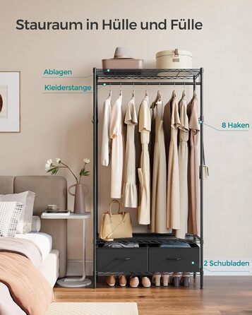 Вішалка для одягу SONGMICS, Відкрита шафа, Шафа з дротяними полицями, Вішалка для одягу з 2 шухлядами та рейкою для одягу, Окремостояча, Чорно-чорна LGR411B02