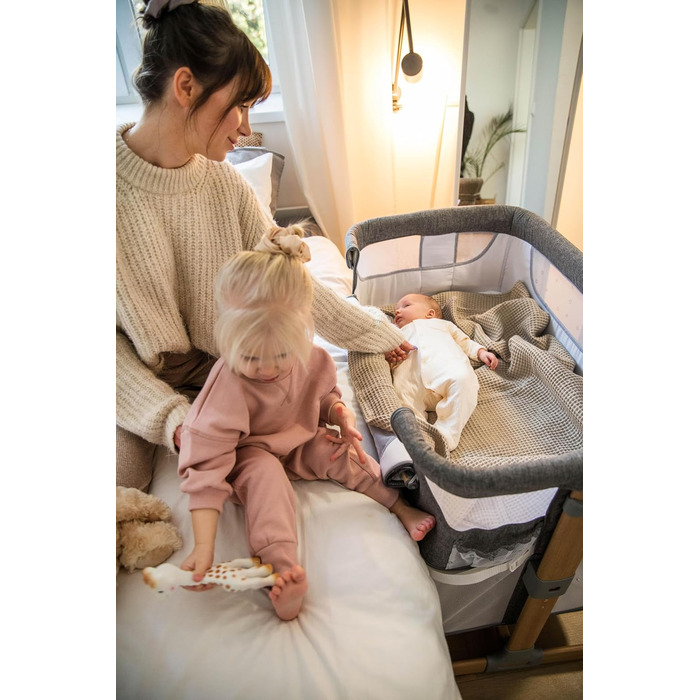 Дитяче ліжечко Momi SMART Bed 4-в-1 до 15 кг, приліжкове ліжечко для немовлят з матрацом, регульована висота, сірого кольору, одномісне