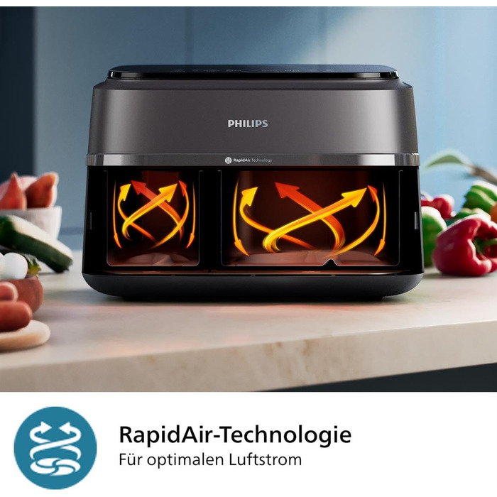 Мультипіч Philips із подвійним кошиком серії 3000, 9 л, 2 шухляди, функція синхронізації, технологія Rapid Air, універсальна велика фритюрниця, на 90 менше жиру та енергозбереження, додаток HomeID (NA350/00)