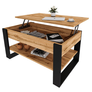 Журнальний столик з підйомною стільницею Стіл для вітальні з регульованою висотою та місцем для зберігання Сучасний чорний дубовий диванний столик Wotan з полицею та прихованим відділенням Журнальний столик для вітальні та офісу, чорний