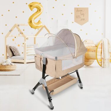 Дитяче ліжечко Kedia з москітною сіткою, дитяче ліжечко та дорожнє ліжечко з колесами, дитяче ліжечко для новонароджених, регульована висота, ліжечко в режимі сну на боці (104 x 52 x 103-115 см, бежево-білий)