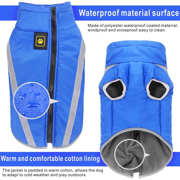 Водонепроникне пальто для собак, тепла зимова куртка, вітрозахисний одяг для домашніх тварин, флісова куртка-комбінезон для собак маленьких, середніх та великих собак, жилет з отвором для шлейки, XL-6XL (Синій, XL) Синій XL