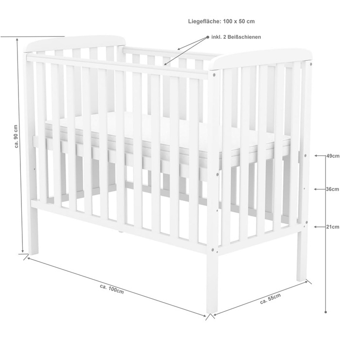 Дитяче ліжко Generic Baby Deluxe 100x50 см Біле з матрацом Дитяче ліжечко-тумбочка з прорізувачами для зубів Масив сосни (компактне дитяче ліжко)