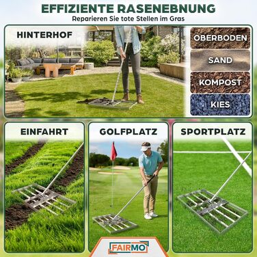Зручний металевий рівняльник для газону (75x35 см) від Fairmo для насиченого зеленого газону - рівняльник для газону з ручкою 2 метри - інструмент для догляду за газоном з вирівнюючими зубцями - широкий граблі для піскування газону