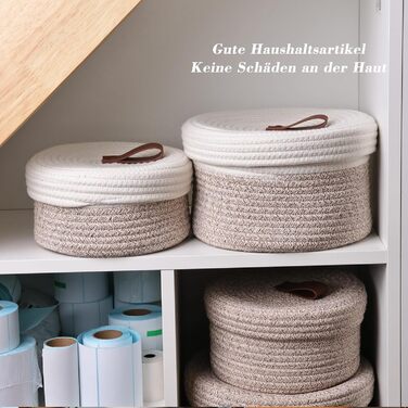 Кошик для косметики з 2 предметів з кришкою, коробка для зберігання, матеріал з натуральної бавовняної пряжі, декоративний кошик, який можна прати, ручка зі шкіряною етикеткою, набір кошиків для зберігання, білий коричневий