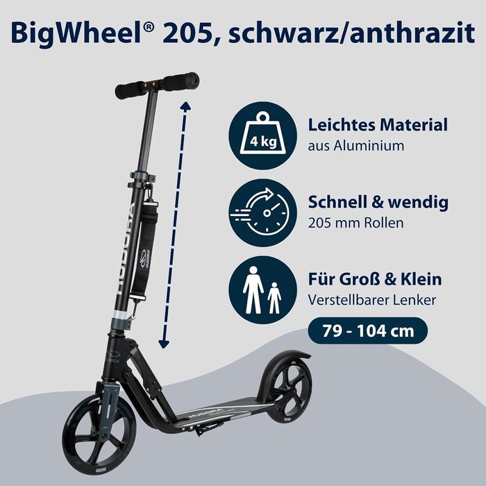 Самокат HUDORA BigWheel 205 стабільний алюмінієвий міський самокат, складаний, з регулюванням висоти та підніжкою, для дітей та дорослих (до 100 кг), чорний/антрацит