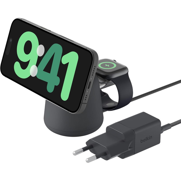 Бездротова зарядна станція Belkin BoostCharge Pro 2-в-1 з MagSafe (15 Вт), зарядний пристрій MagSafe, сумісний з iPhone серій 16,