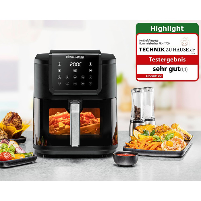 Аерофритюрниця ROMMELSBACHER FRH 1700, XXL-чаша 8 л (21 x 30 см) для 1 кг картоплі фрі, тихий режим 45 дБ(А), 10 програм, 60-200 C, велике вікно з підсвіткою