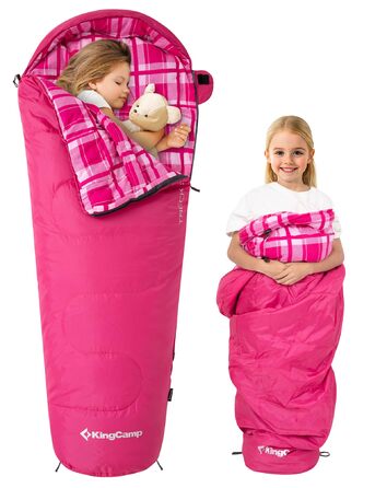 Дитячий спальний мішок KingCamp (до 7C), легкий, водонепроникний, компактний, фланелевий спальний мішок, спорядження для холодної погоди та тепла молоді, аксесуар для кемпінгу, підходить для 10-12 дітей зростом до 1,68 м, рожевий у клітинку, 165x70x45 см