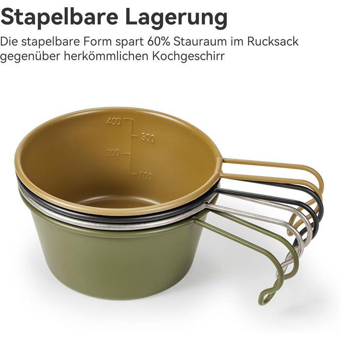 Миска Thous Winds Outdoor Sierra з нержавіючої сталі, 2 чашки Sierra 450 мл, чашка Sierra з підвісною ручкою, портативна, штабельована, легка миска для використання на свіжому повітрі, кемпінгу, походів - хакі
