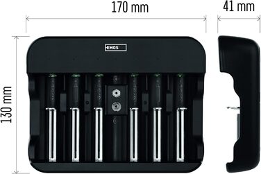 Універсальний зарядний пристрій EMOS для NiMH та NiCd акумуляторів, швидкий зарядний пристрій 500 мА, для 1-6 акумуляторних батарей AAA, AA, C, D, 9V, включаючи кабель USB-C, світлодіодний індикатор, захист батареї, функції безпеки
