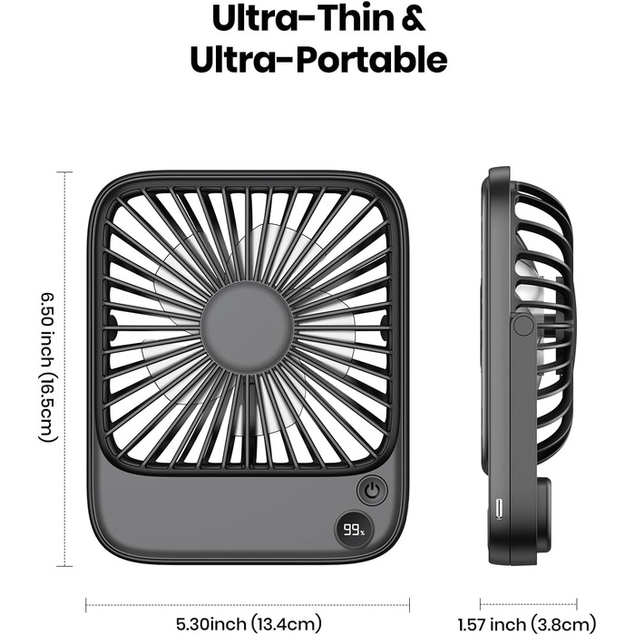 Настільний вентилятор TOPK Перезаряджуваний вентилятор на 2 батареї 5000 мАг, тихий тонкий особистий вентилятор з дисплеєм потужності та швидкості для офісної бібліотеки подорожей