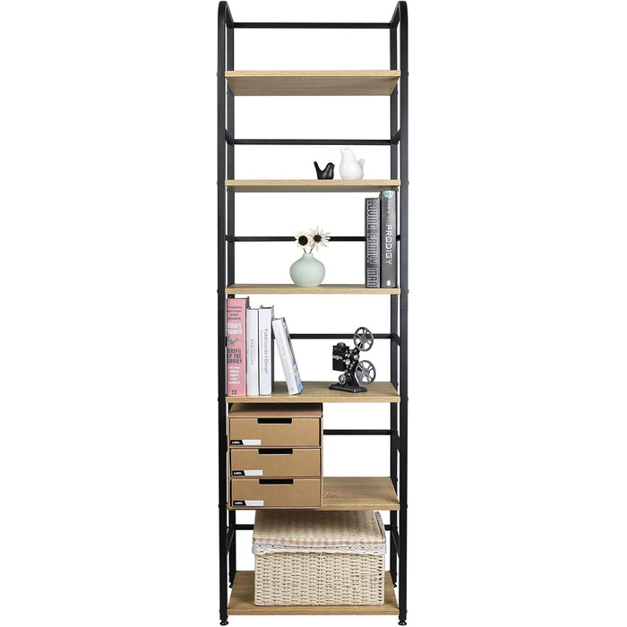 Окремостояча полиця WOLTU, металева полиця, книжкова шафа, полиця для зберігання, полиця для сходів, полиця для ванної кімнати, кухонна полиця, кутова полиця, полиця для сходів, полиця для сходів, висока полиця, 6 полиць, 50x176x30 см, світлий дуб RGB11he