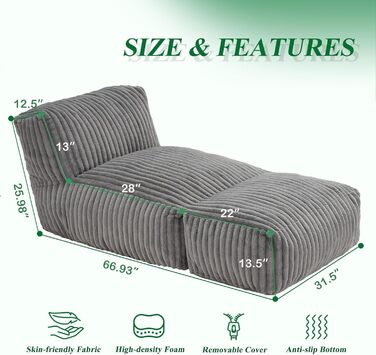 Крісла-шезлонги Hobestluk Big Bean Bag Lounger, велике крісло-мішок для дорослих, диван-мішок з наповнювачем з піни з ефектом пам&39яті для вітальні, спальні або балкону (сіра смужка), сірий