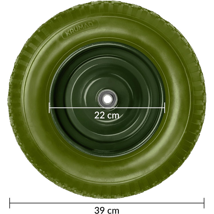 Колесо для тачки KRUMAD PU-піна 4.80/4.00-8, до 180 кг, з віссю, не проколюється, не потребує обслуговування, сталевий диск, подвійний кульковий підшипник, запасне колесо для тачок та візків, захист від проколів, темно-зелений