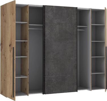 Шафа Forte Narago 270, шафа з розсувними дверима та дверцятами на петлях, дерев&39яний декор Artisan Oak у поєднанні з сірим кольором, 270,3 см завширшки x 210,5 см заввишки x 61,2 см завглибшки. Імітація дуба Artisan та темного бетону 270 x 210. Без дзер
