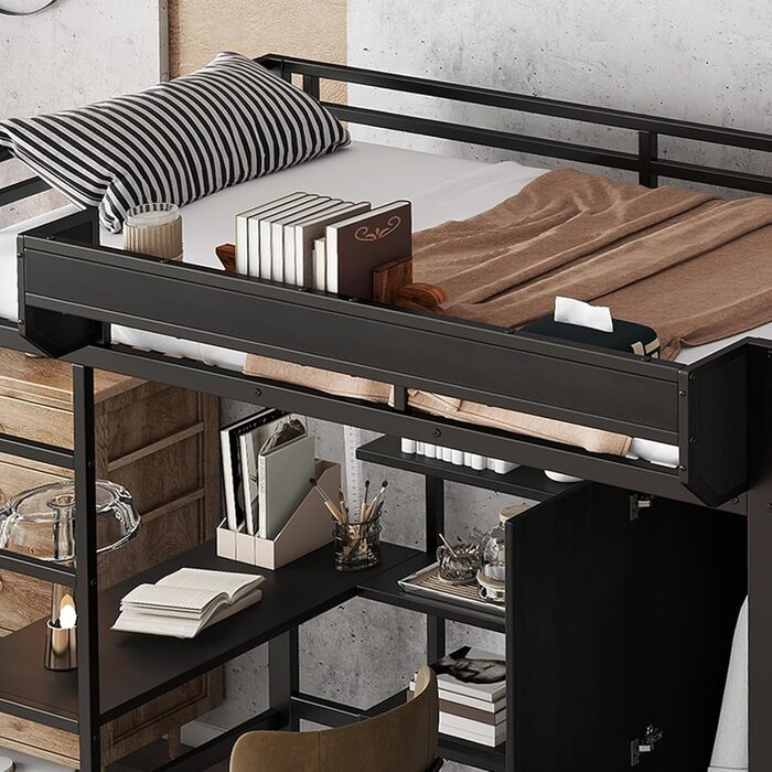 Ліжко-горище Merax 90x200 см з письмовим столом, шафою та полицею для зберігання, міцне металеве двоярусне ліжко з рейковою основою та захисними поручнями, компактне дитяче ліжко-горище, дитяче ліжко-горище, чорне 90 x 200 см, чорне - зі столом та шафою