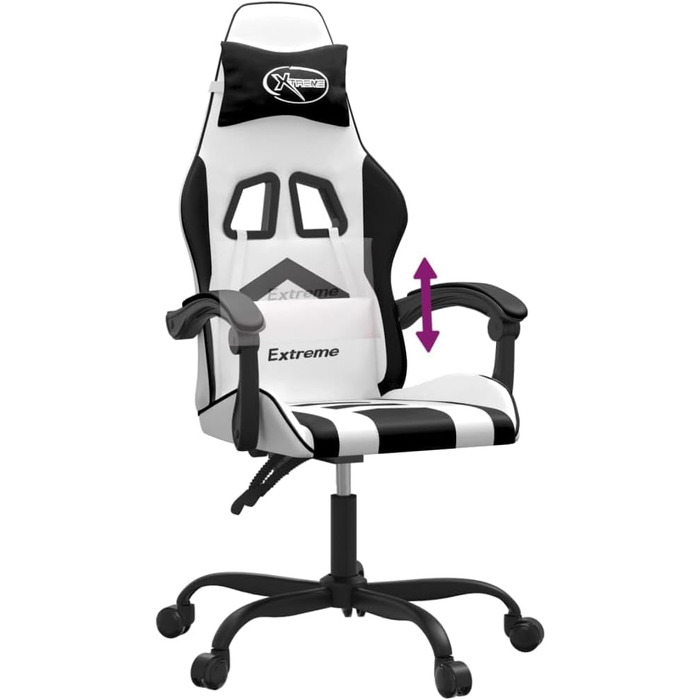 Геймерське крісло, біла та чорна штучна шкіра, з регульованою спинкою та висотою, офісне крісло з поворотом на 360 градусів, коліщатками та міцним металевим каркасом для ергономічного сидіння, 36,5 x 42 см (Ш x Г), білий колір