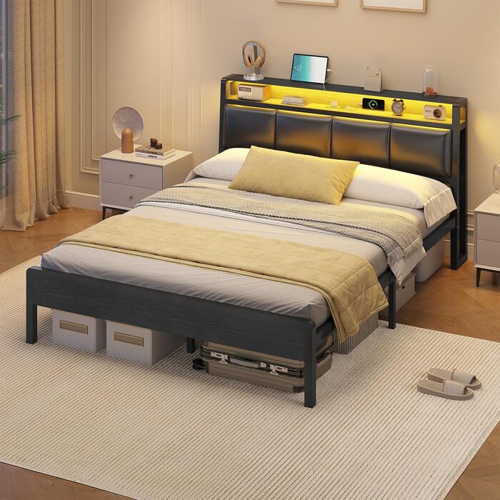 Ліжко 140 x 200, ліжко зі світлодіодним підсвічуванням, м&39яке ліжко 140x200, зарядна станція, каркас ліжка з рейковою основою, для спальні, гостьової кімнати, чорний 140 x 200 см