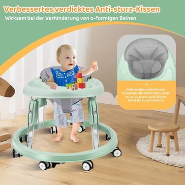 Дитячі ходунки, складані одним дотиком, кругле шасі з 8 коліс та захистом від перекидання, 7 швидкостей регулювання висоти, захист від зіткнень з гальмом для дітей від 6 до 18 місяців (зелені)
