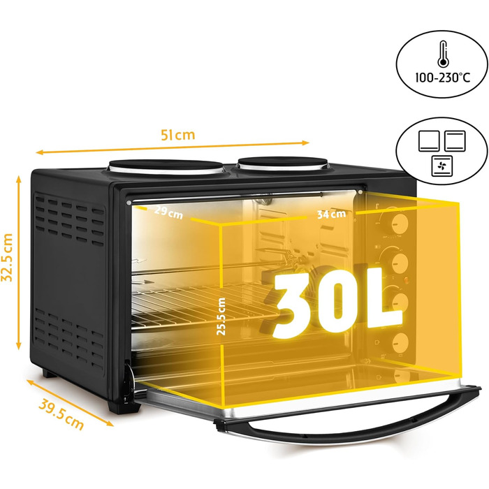 Міні-піч TZS First Austria з конфорками Ємність 30 л 3200 Вт, конвекція, макс. 230C Підходить для кемпінгу, гуртожитків та невеликих кухонь