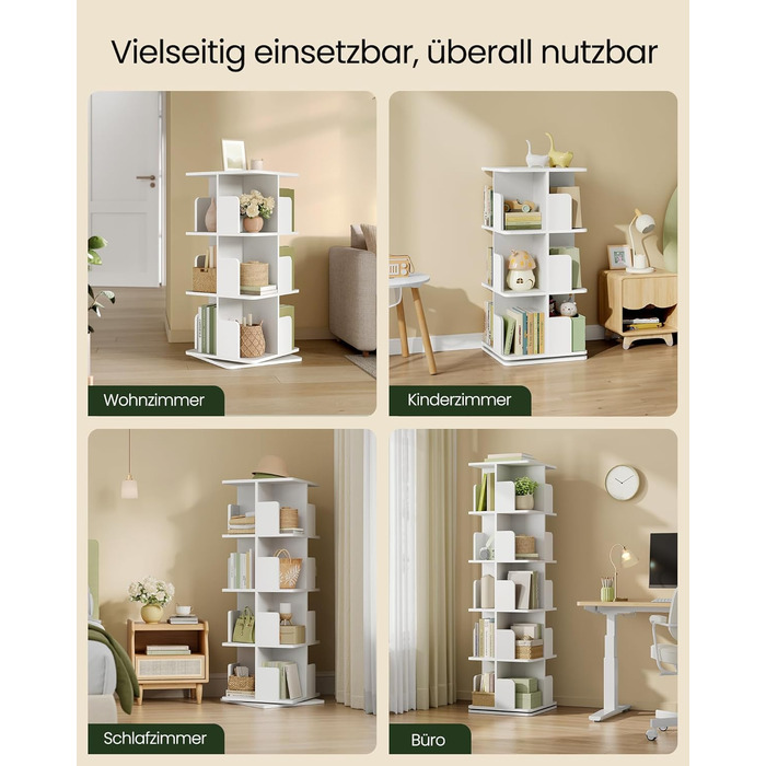 Обертова книжкова полиця EUGAD, кімнатна перегородка, полиця на місці, обертова полиця, офісна полиця, декоративна полиця, вільно обертається на 360 з 4 полицями для спальні, офісу, МДФ, білий, 39,5 x 128 x 39,5 см, 4 полиці (39,5 Ш x 128 В x 39,5 Г см), 