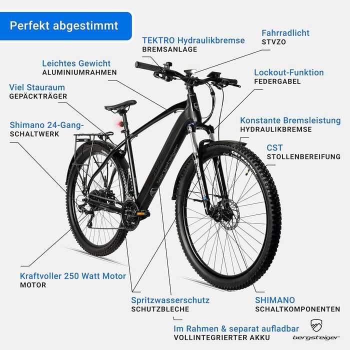 Електровелосипед Bergsteiger Cannock 26/27,5/29 дюймів з двигуном 250 Вт, гідравлічними гальмами, алюмінієвий гірський електровелосипед для чоловіків та жінок, кольоровий дисплей, електричний велосипед з 24-швидкісними передачами, 29-дюймові колеса акумул