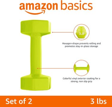 Гантелі Amazon Basics з вініловим покриттям – набір з 2 штук, 1,36 кг (3 lbs), нековзкі, для фітнесу та аеробіки
