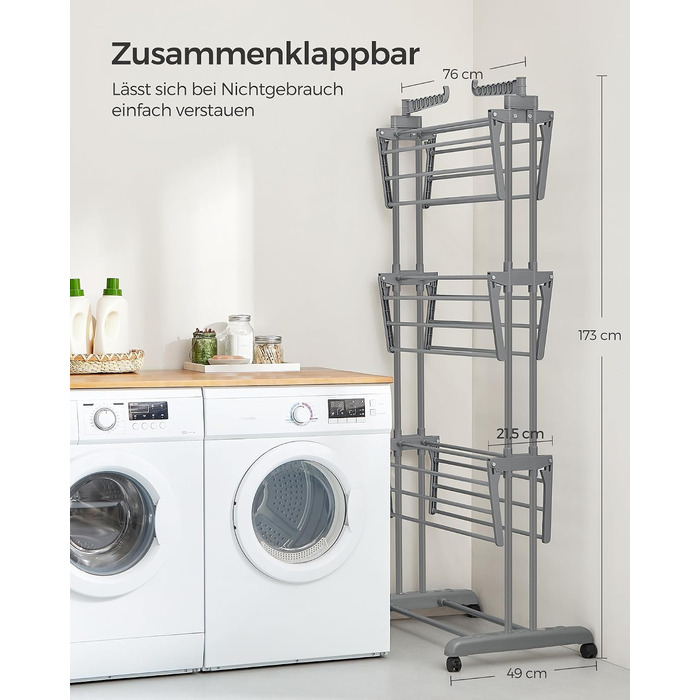 Сушарка для білизни SONGMICS на 4 рівнях, розкладна, на колесах, колір голубиний сірий