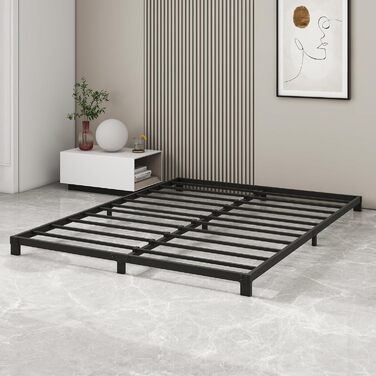 Ліжко-платформа з металу, каркас ліжка 140 x 200 см, низьке металеве ліжко з металевою рейковою основою, сучасне металеве ліжко для дорослих, дітей, підлітків, легке складання, двоспальне ліжко, чорне, висота 12 см, 140 x 200 см, чорне (низьке)