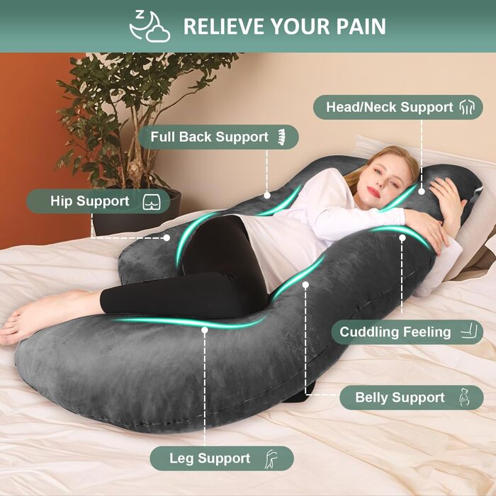 Подібна подушка для вагітних Chilling Home, подушка для сну на боці з чохлом, велика подушка для годування, підтримуюча подушка для жінок та тих, хто спить на боці (світло-чорна, оксамитова)