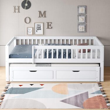 Дитяче ліжко 90x200 диван-ліжко з масиву дерева з висувним ліжком та шухлядами, багатофункціональне ліжко, кушетка, гостьове ліжко з місцем для зберігання речей, дитяче ліжко, каркас ліжка із захистом від падіння та рейковою основою, без матраца, біле. Бі