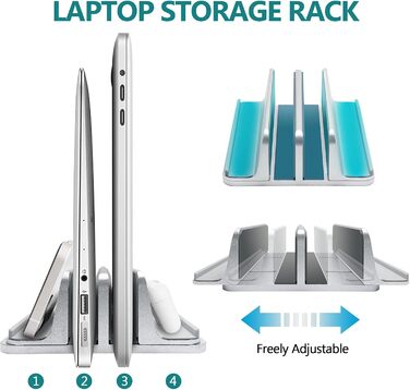 Вертикальна підставка для ноутбука з металу, подвійне регулювання, 4 слоти, для MacBook, HP, Chromebook до 17.5 дюймів (44.5 см) срібляста