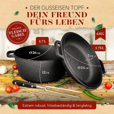 Чавунний горщик KRUSTENZAUBER включаючи виделку для м'яса - Міцна чавунна каструля 26 см з кришкою, підходить для духовки - ідеаль