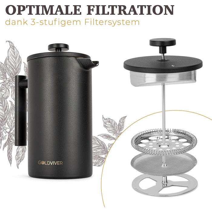 Голдвівер Френч-прес преміум класу 1 л Прес для кави з нержавіючої сталі S-304 Нержавіюча сталь Термоглечик з подвійними стінками 0,8 мм Чай/кава ізольована Ручна кавоварка матовий чорний