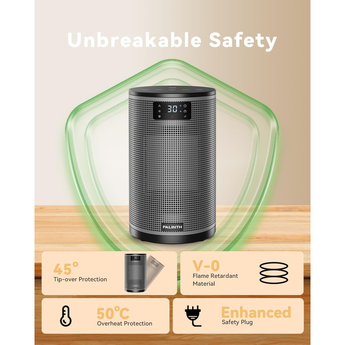 Енергозберігаючий електричний обігрівач, керамічний нагрівальний елемент PTC потужністю 1500 Вт, 4 режими, портативний обігрівач з термостатом, захист від перегріву та перекидання, 8-годинний таймер, для використання в приміщенні, чорний