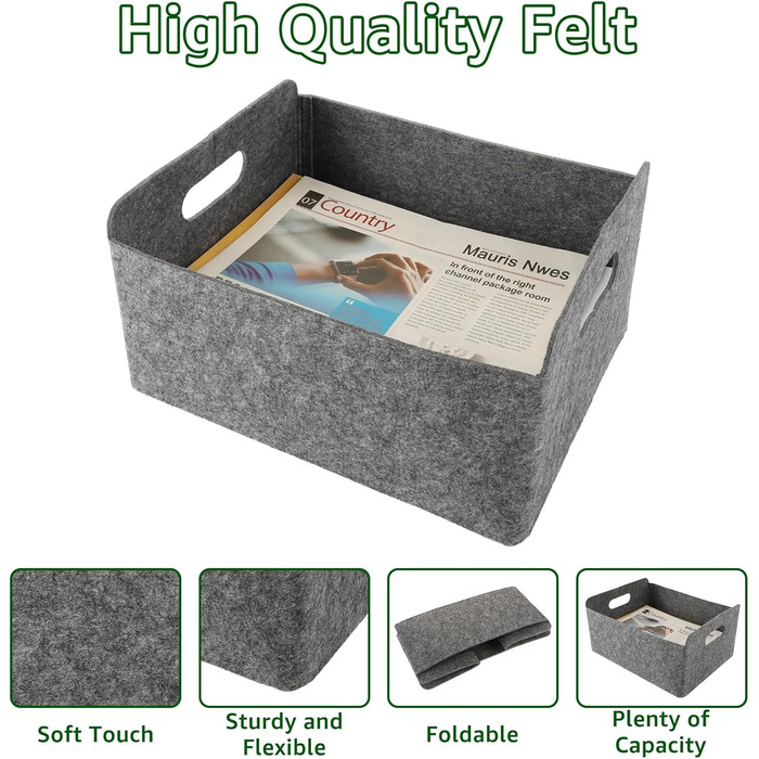 Набір фетрових кошиків WOPPLXY з 4 предметів, фетрова коробка 30,5 x 24 x 15 см, сірий фетровий кошик для шаф, книжкових полиць та шухляд